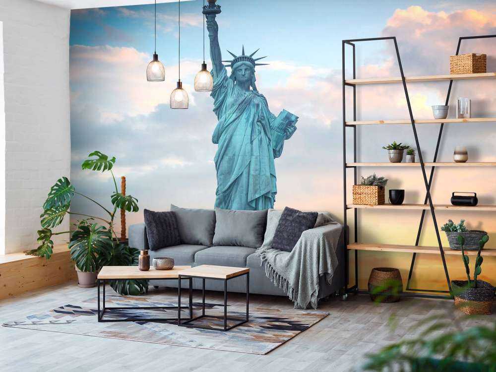 Het vrijheidsbeeld bij zonsondergang