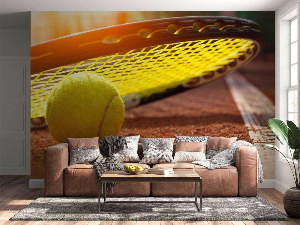 Tennisbal op een tennisbaan met zonlicht