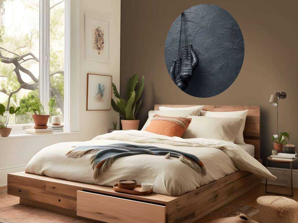 Old school zwarte bokshandschoenen aan een donkere muur