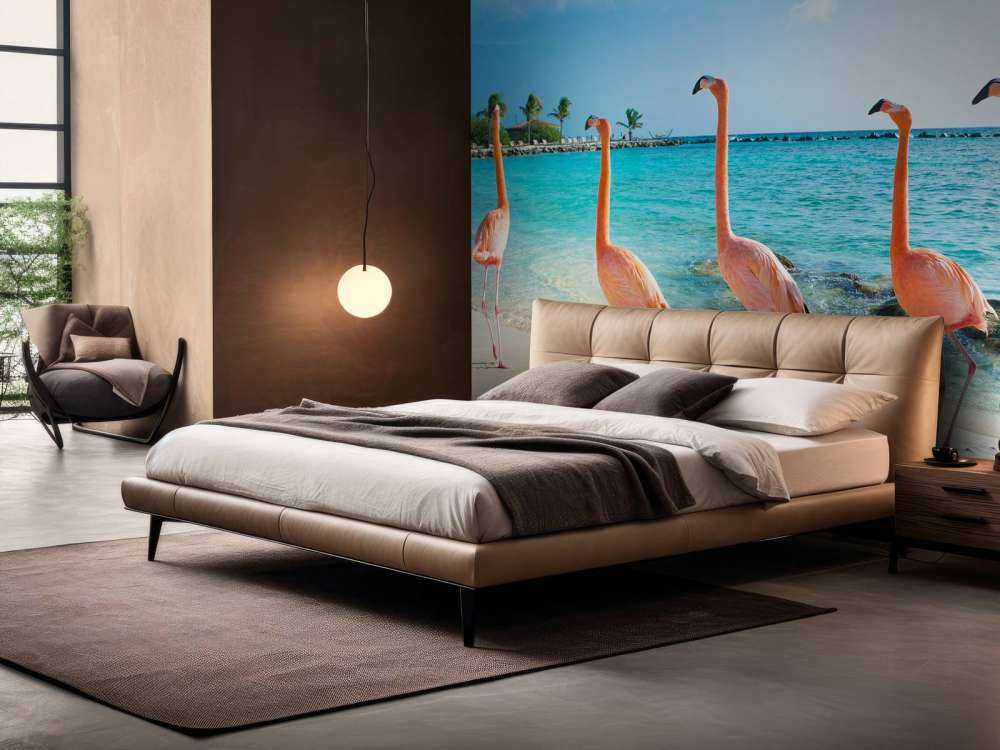 Rij van flamingo's op het strand