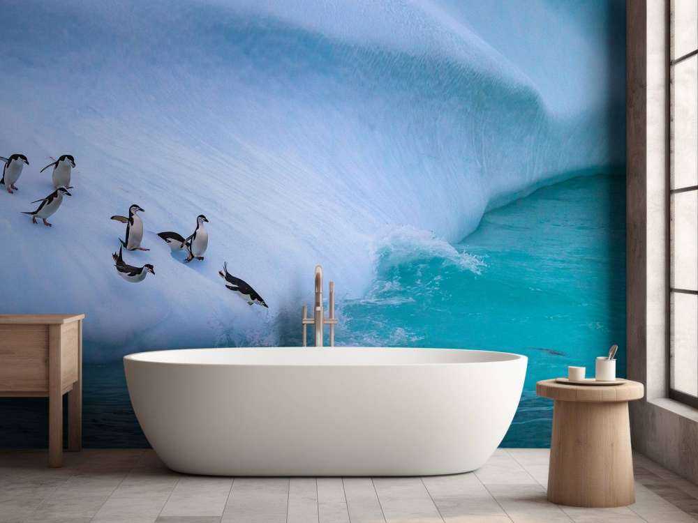 Pinguïns glijden van een helling af