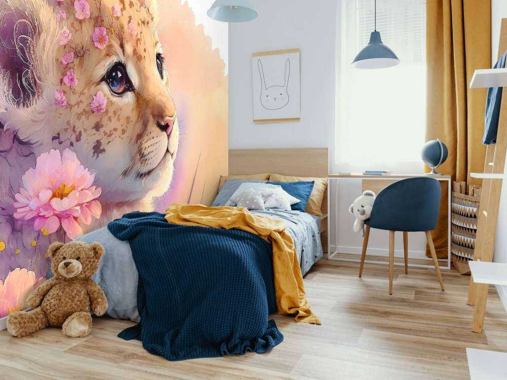 Dromerige welp tussen de bloemen