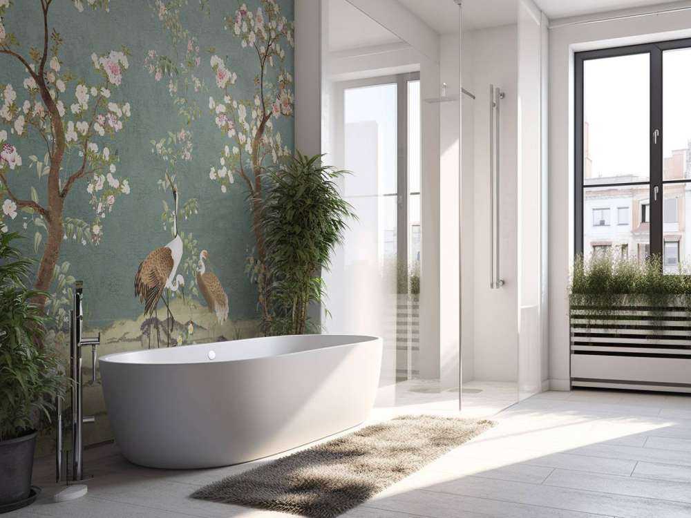 Bloesembomen met kraanvogels in serene tuin