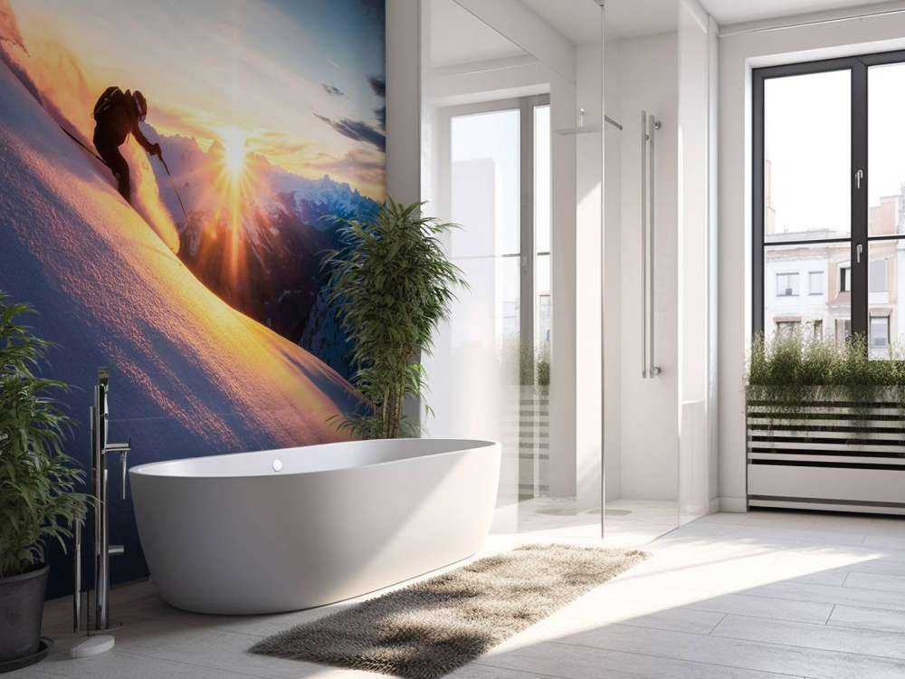 Skiër in de vurige bergzon