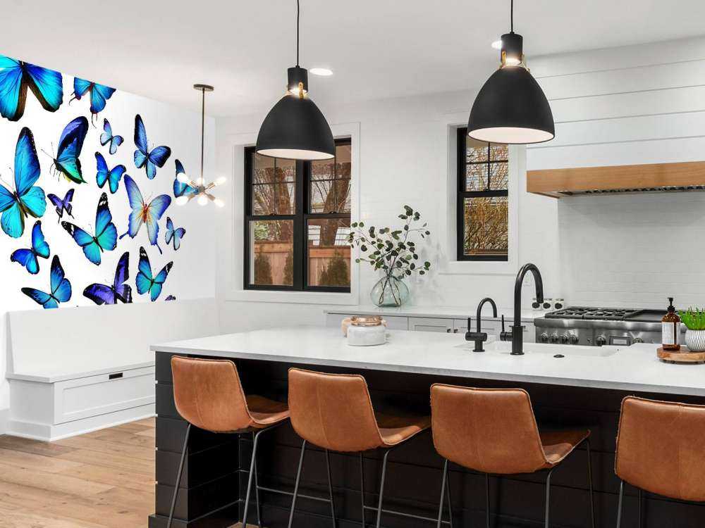 Blauw-paarse vlinders met een witte achtergrond