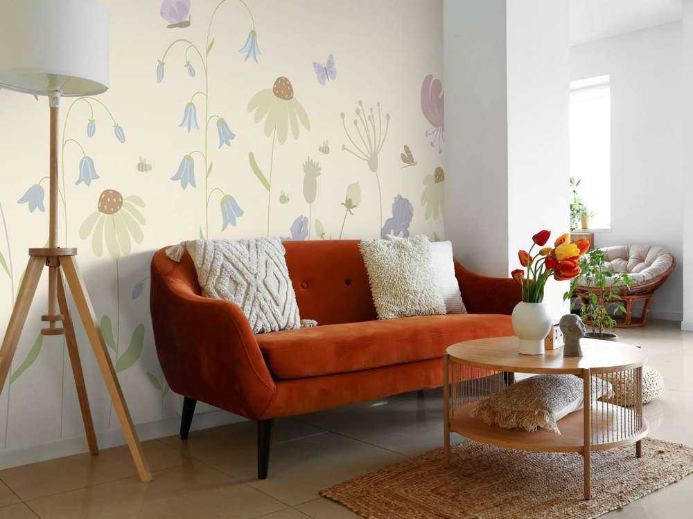 Bloemenveld hoog met vlinders zand, oud roze, groen en lila