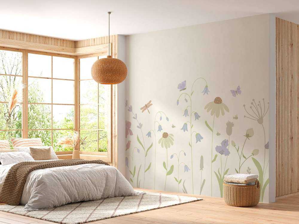 Bloemenveld hoog met vlinders beige, oud roze, groen en lila