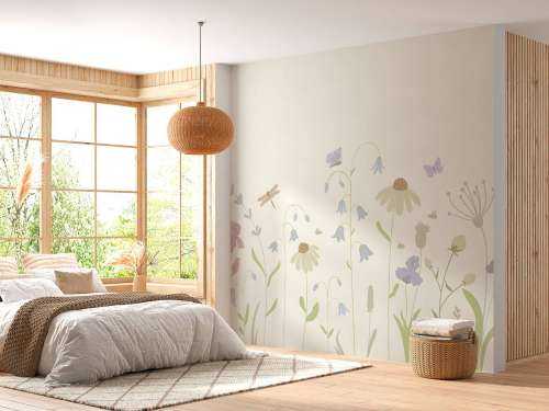 Bloemenveld hoog met vlinders beige, oud roze, groen en lila