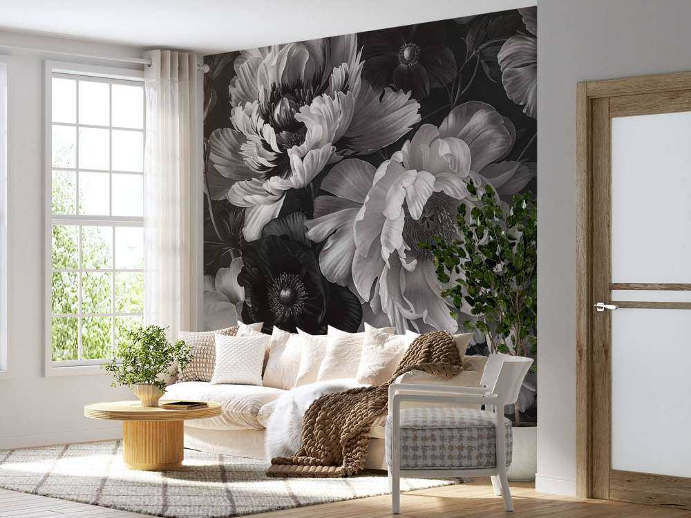Baroque maximalistic flower garden greyscale