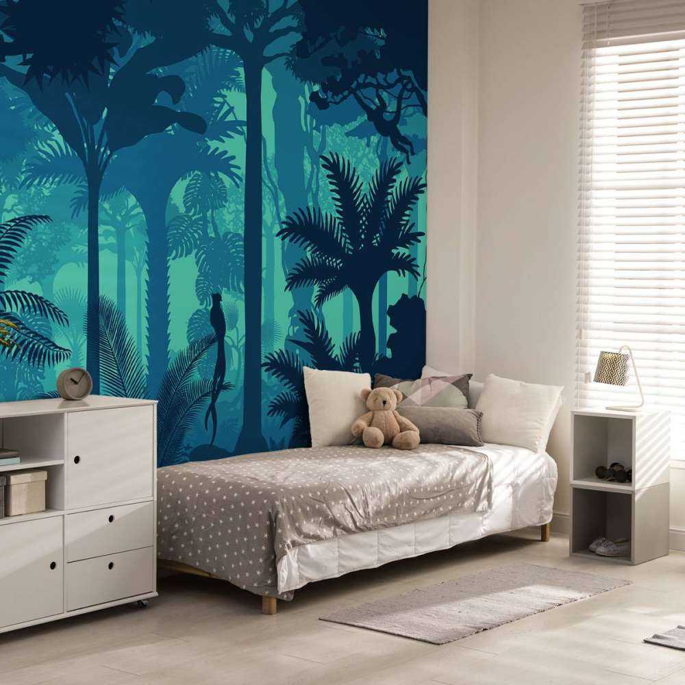 Blauwe jungle silhouetten