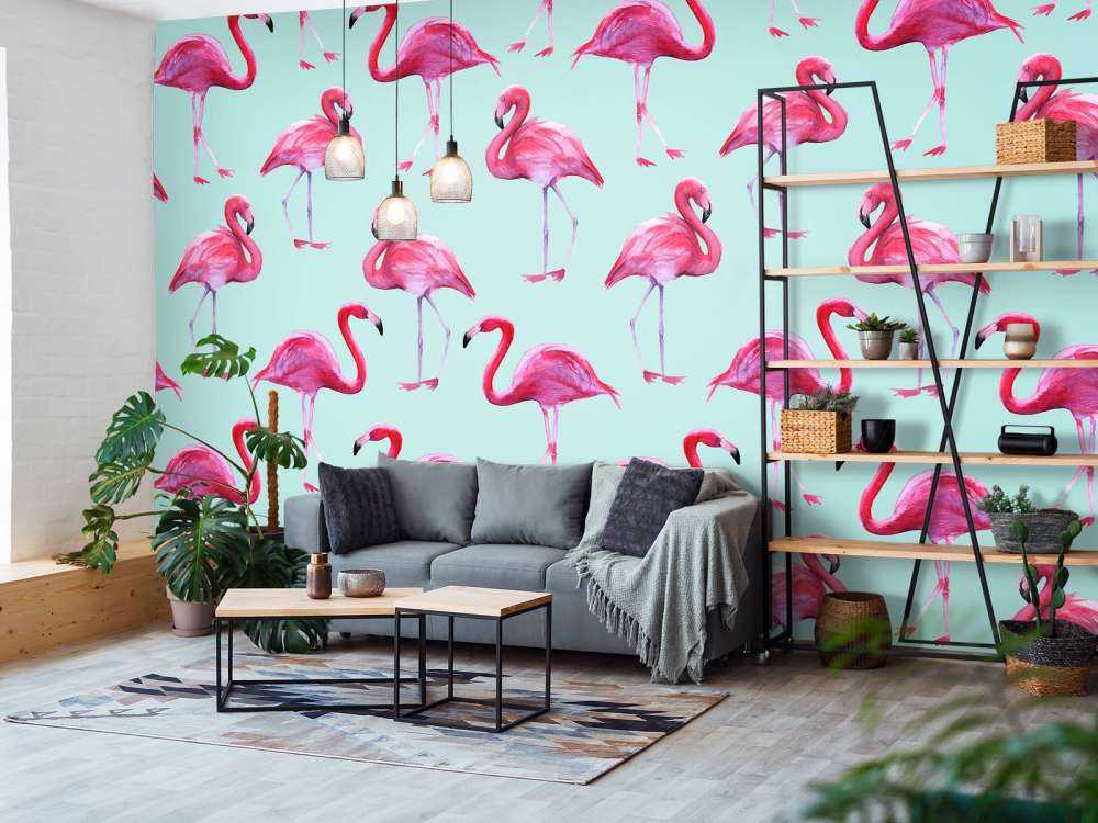 Flamingo print met een blauwe achtergrond