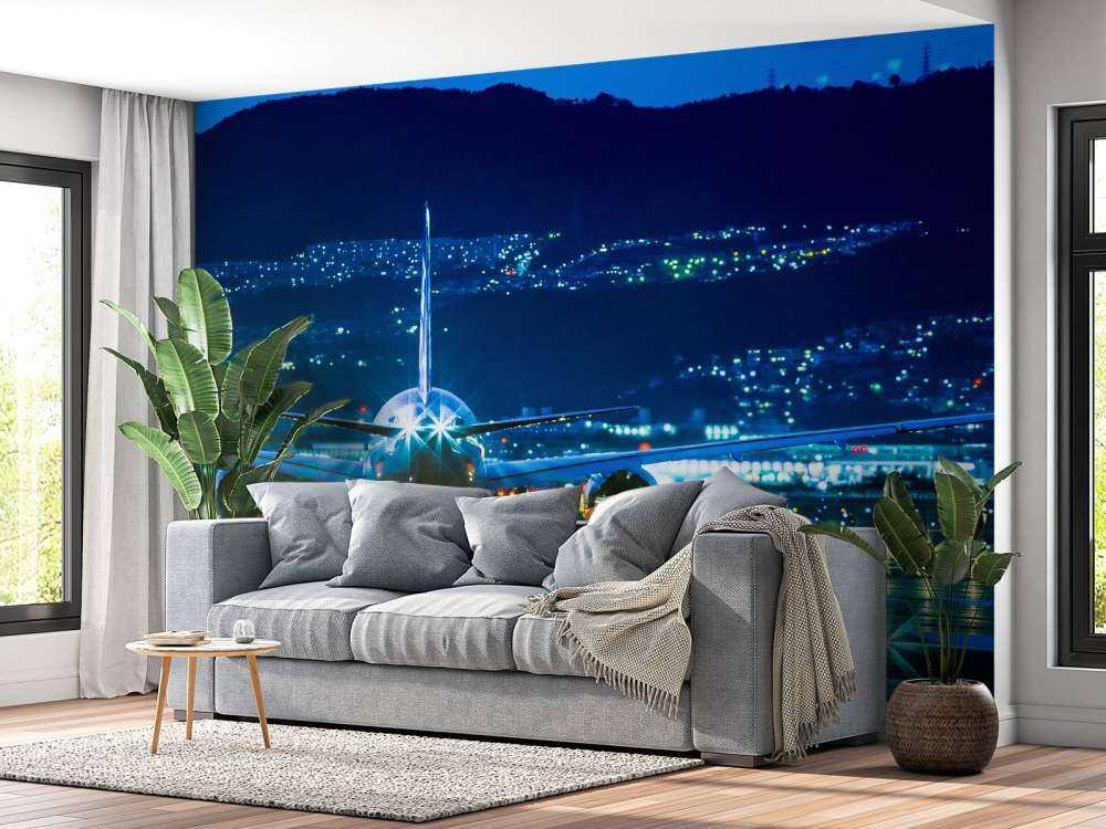 Vliegtuig op een verlicht vliegveld