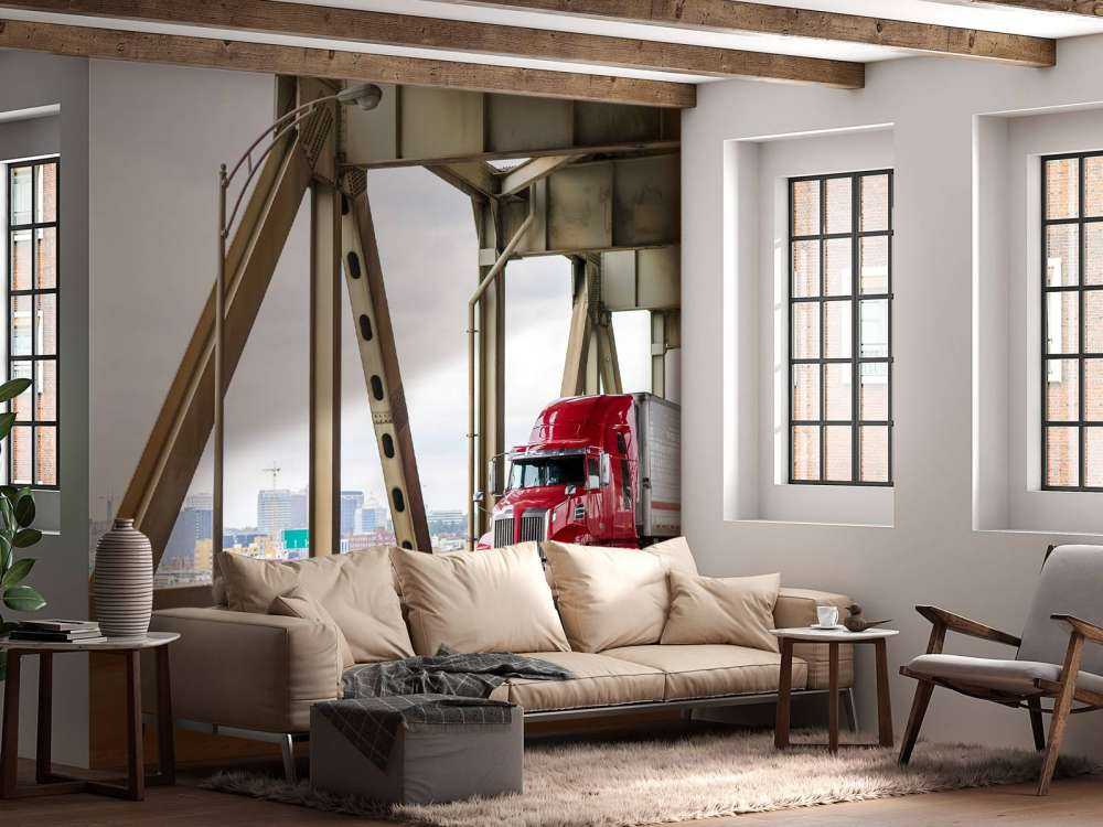 Rode Amerikaanse vrachtwagen op een brug