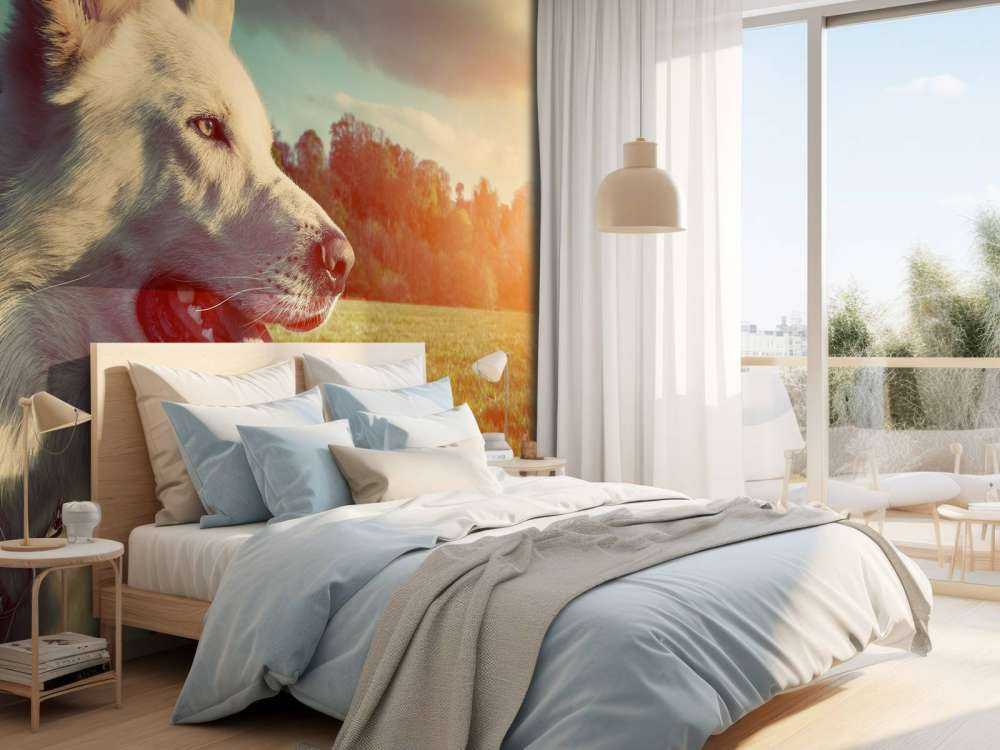 Grote witte hond bij zonsondergang