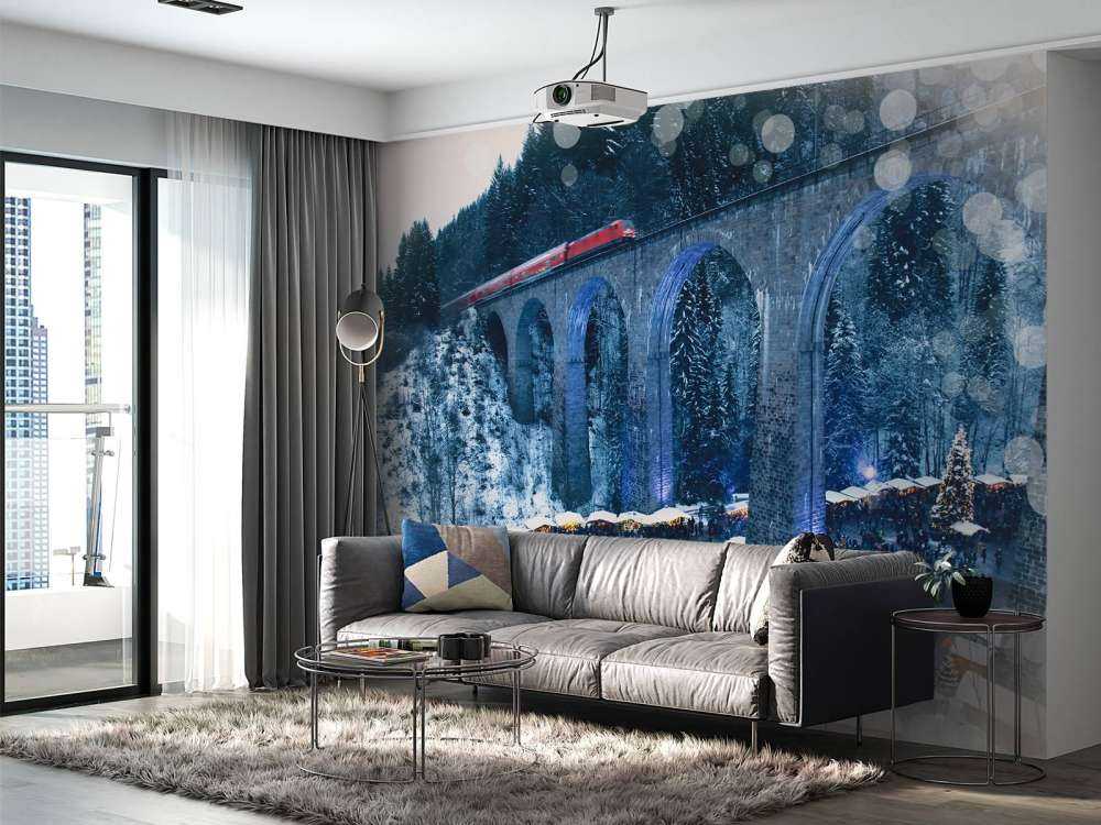 Rode trein boven een kerstmarkt