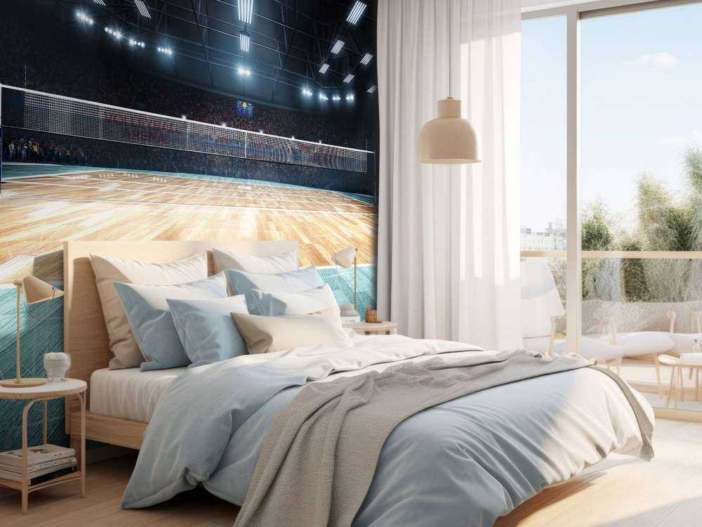 Verlicht volleybalveld met een houten vloer