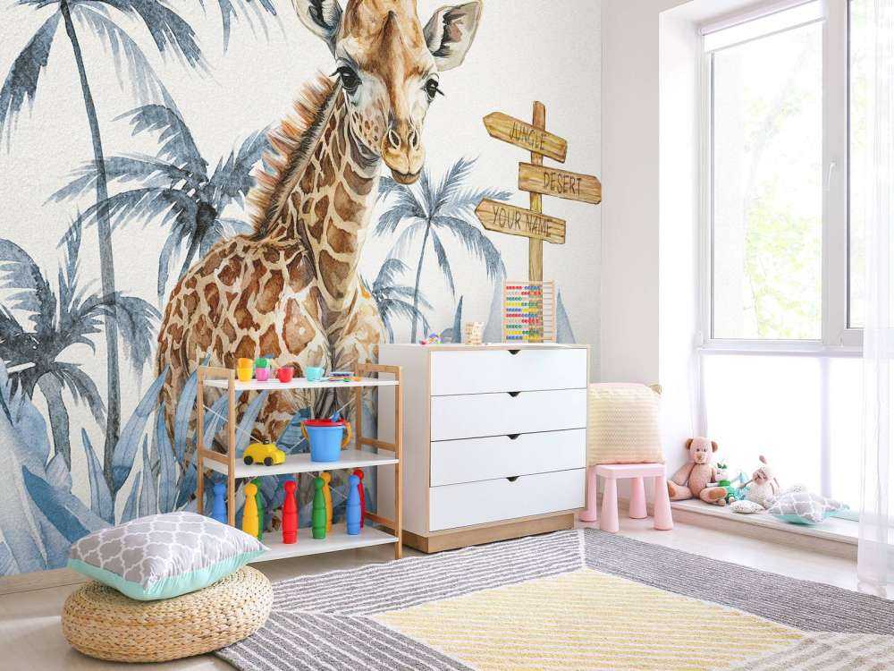 Baby giraffe in de jungle blauw