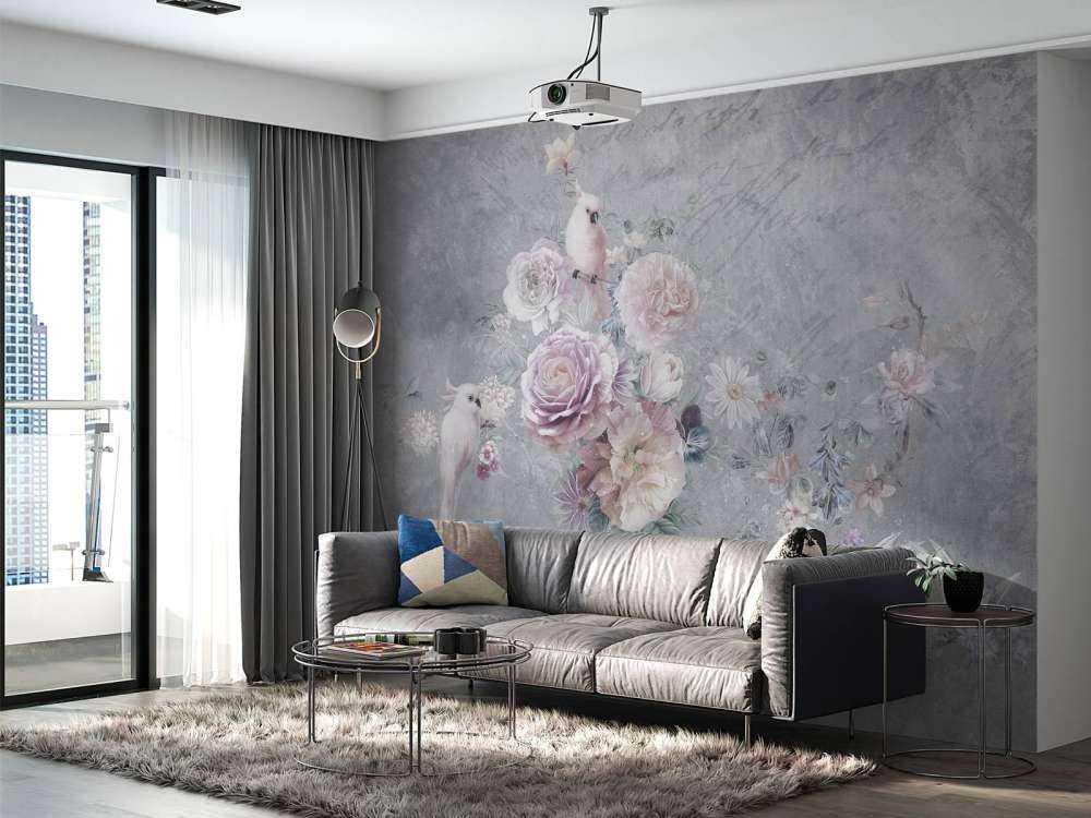 Papegaaien tussen bloemen