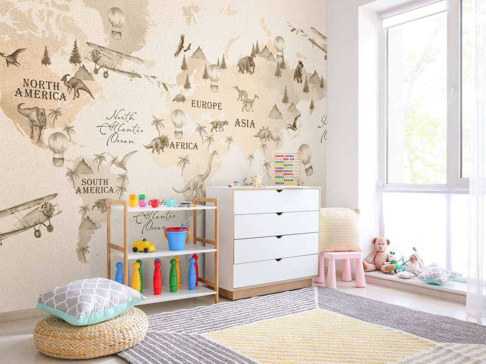 Wereldkaart met dino's beige