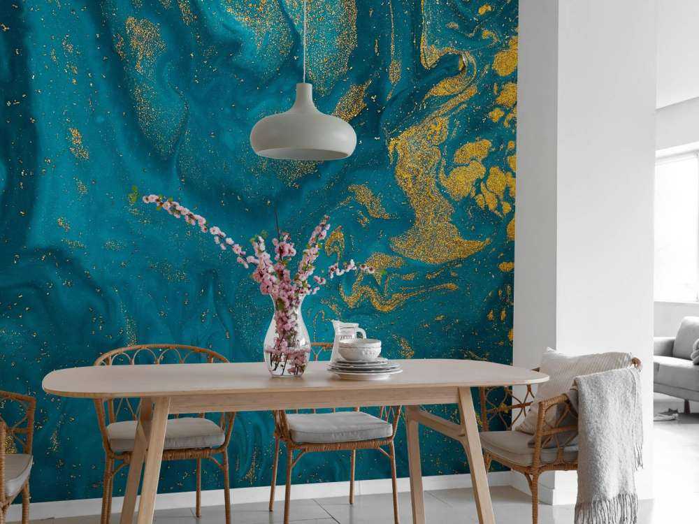 Blauwe verf met gouden glitter poeder