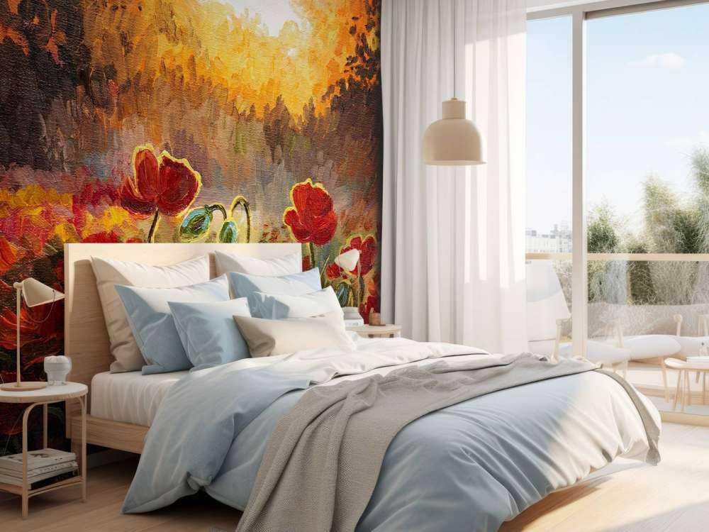 Olieverfschilderij van klaprozen bij zonsondergang