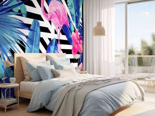 Flamingo print met witte en zwarte strepen