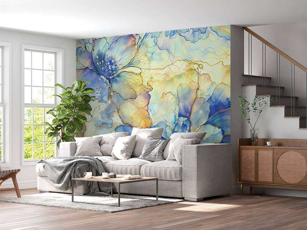 Aquarelbloemen in blauw en goud