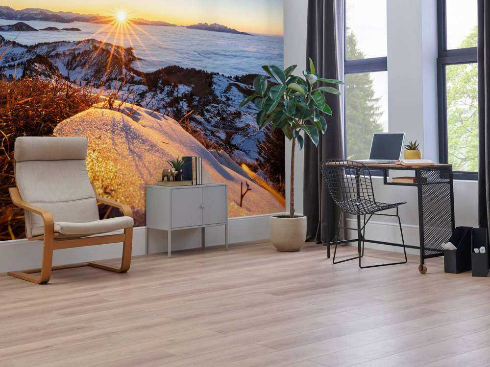 Zonsopkomst boven winterse bergweide