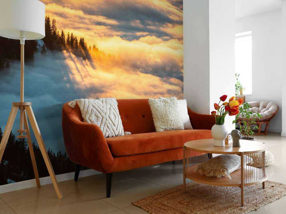 Zonlicht over besneeuwd bergwoud