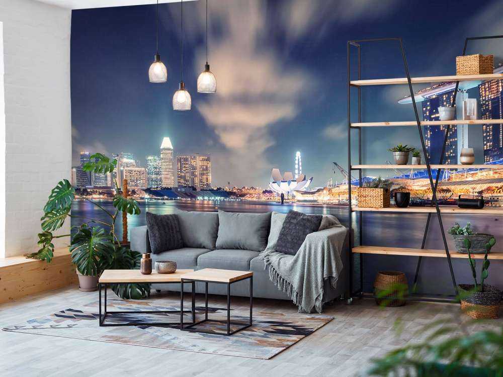 Waterfront skyline met futuristische lichten