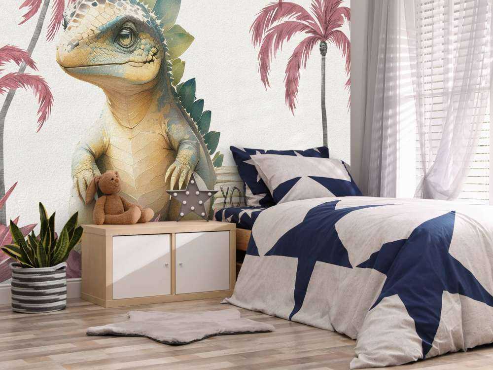 Baby stegosaurus in de jungle roze