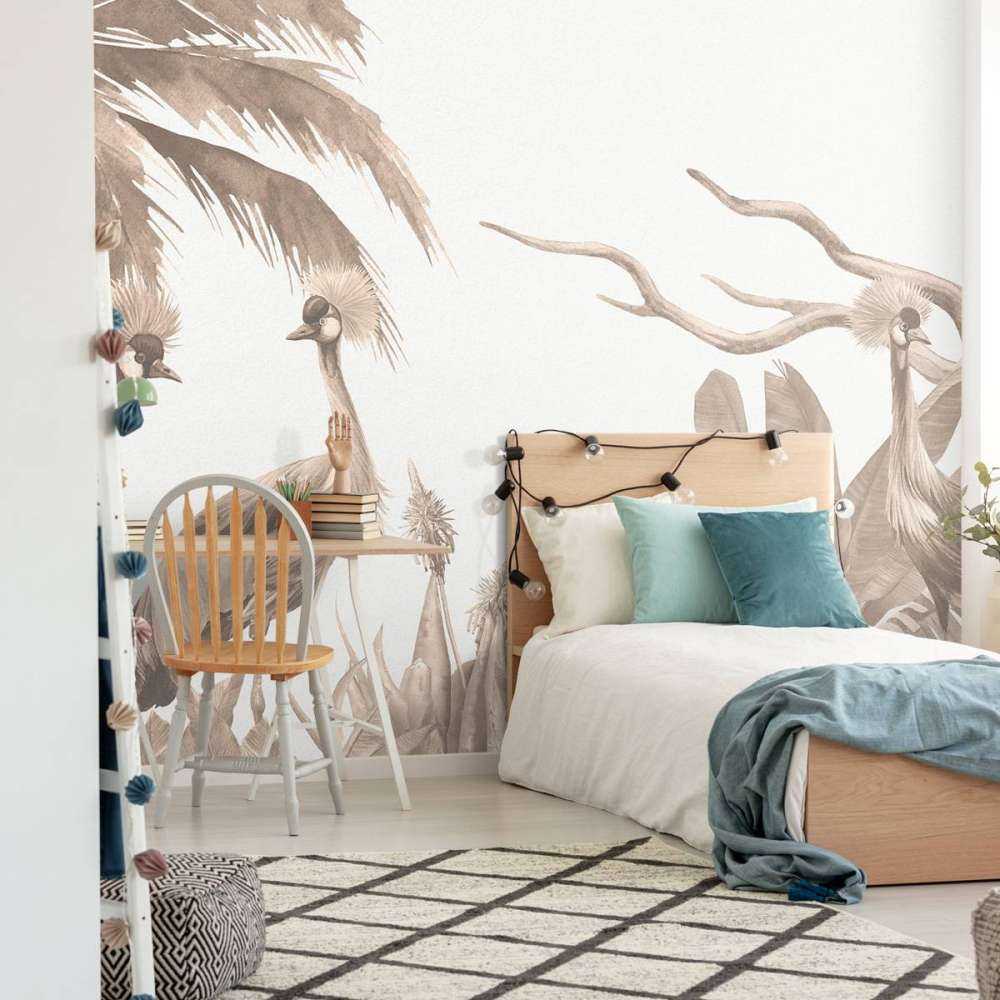 Jungle met kraanvogels in taupe