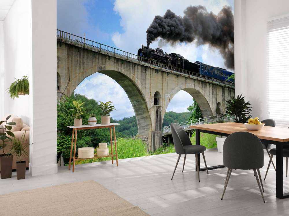 Stoomtrein op een viaduct