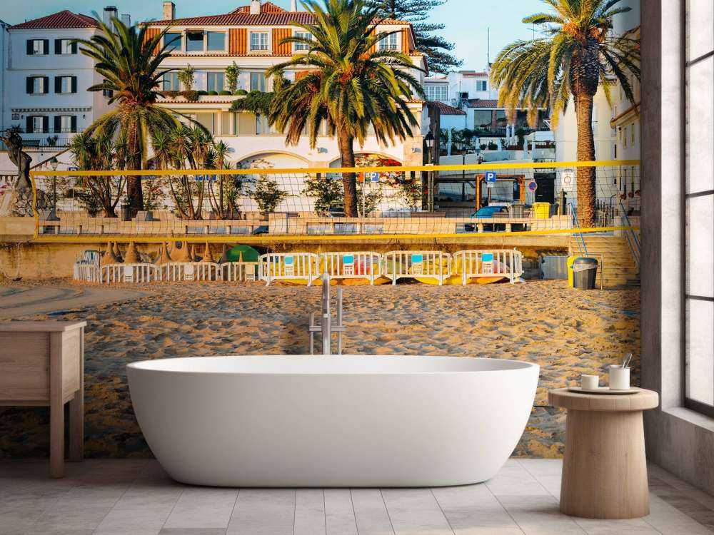 Volleybalveld op het strand bij zonsondergang
