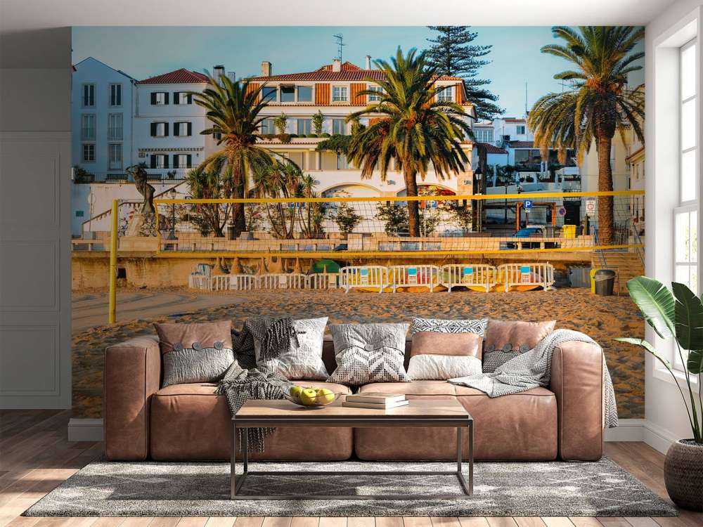 Volleybalveld op het strand bij zonsondergang