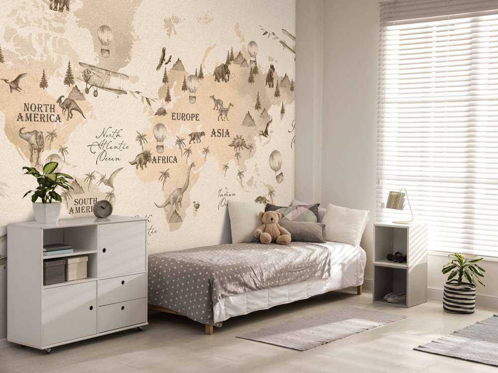 Wereldkaart met dino's beige