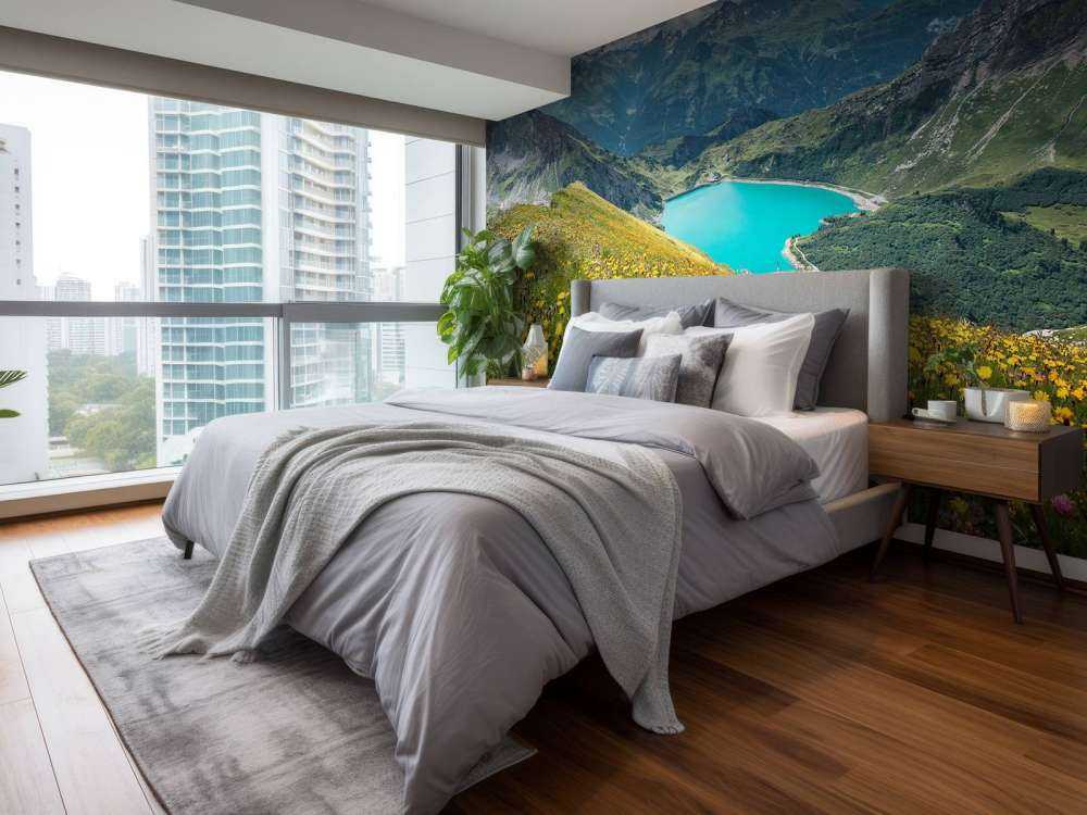 Bloemenweide boven turquoise bergmeer