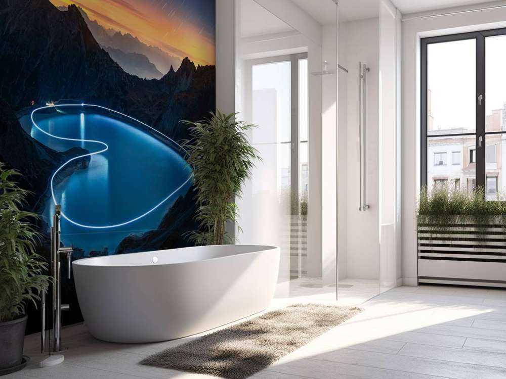 Lichtpad rond bergmeer bij nacht