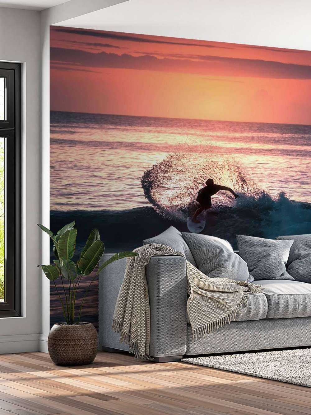 Surfer in de roze avondgloed