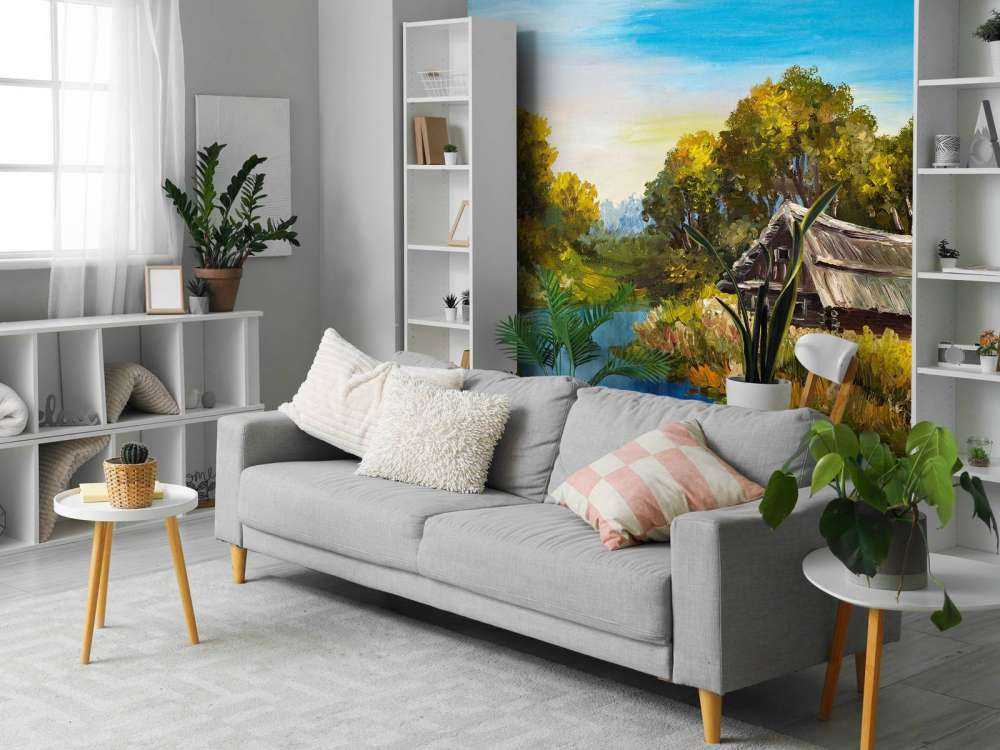 Boerderij aan een rivier schilderij