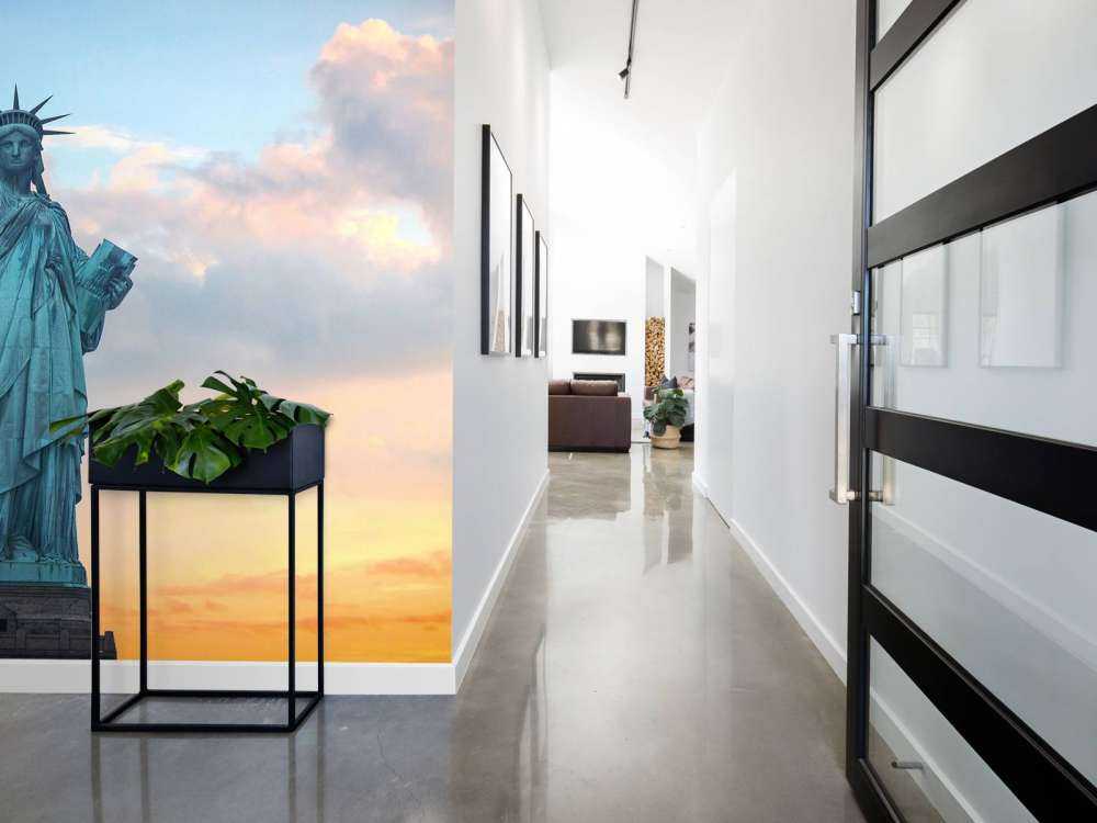 Het vrijheidsbeeld bij zonsondergang