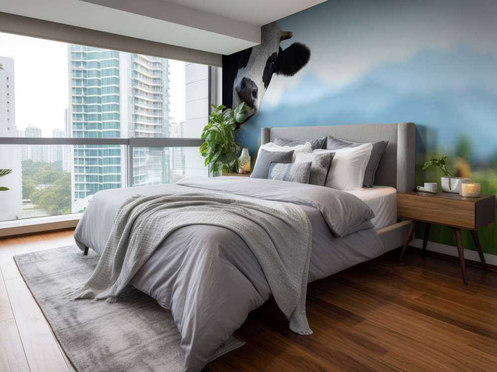 Grappige koe met berg op achtergrond