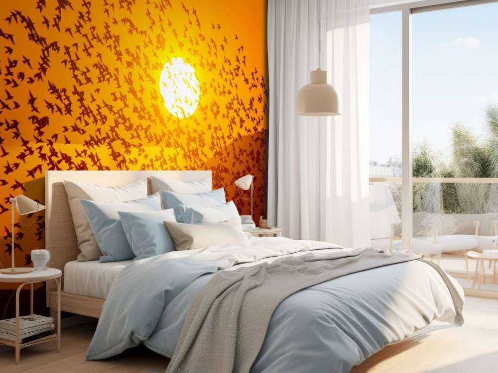 Grote groep vogels bij zonsondergang