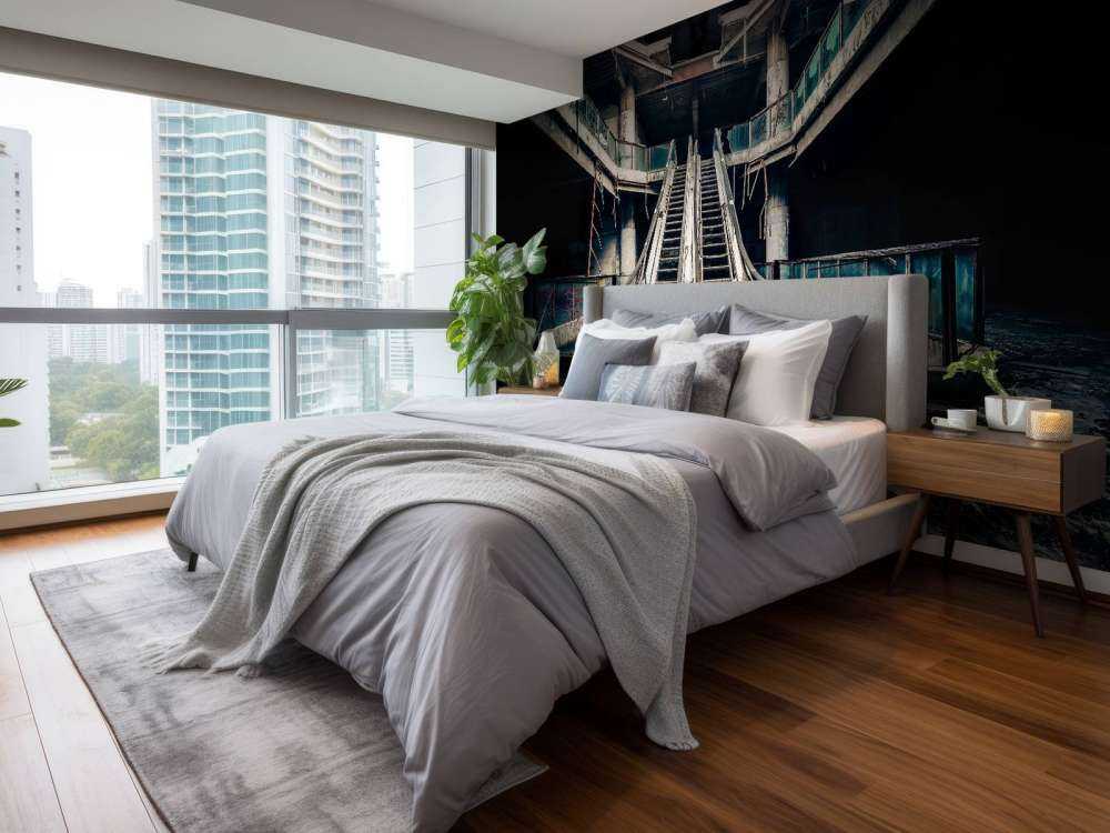 Verlaten gebouw met roltrappen bij volle maan