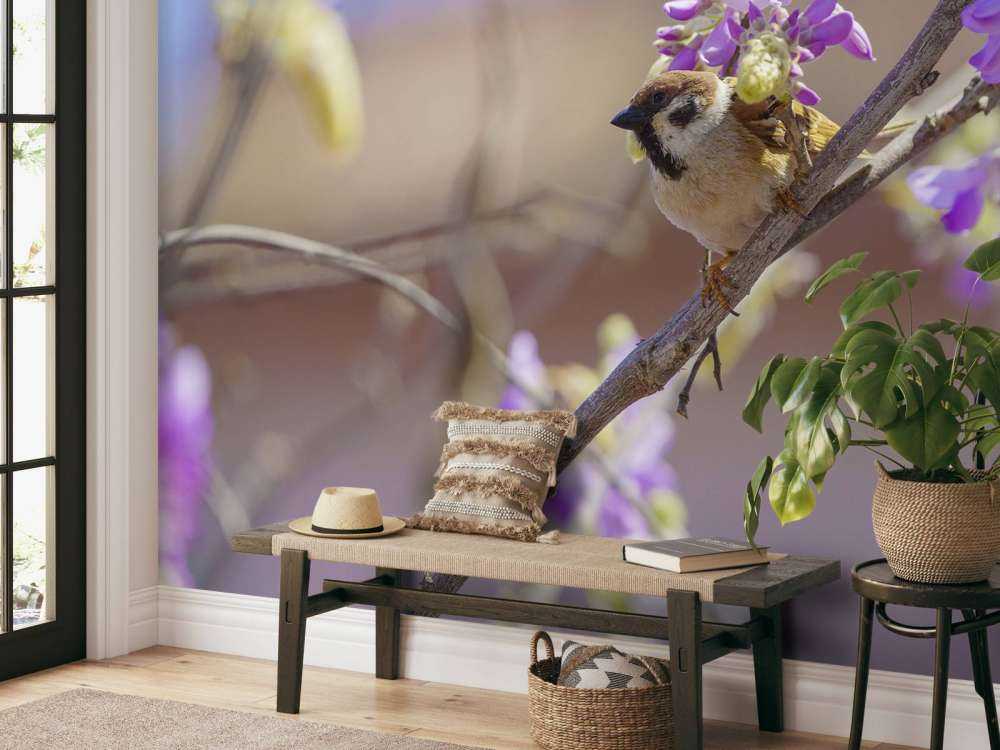 Mus en paarse bloemen