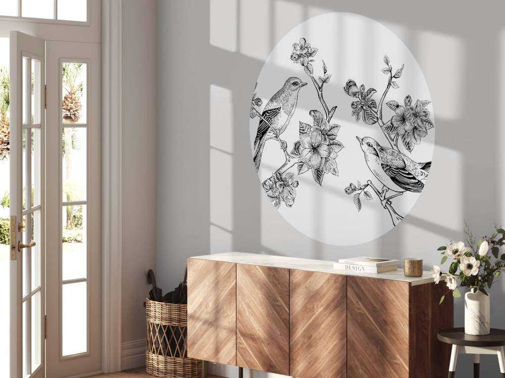 Tekening van vogels op een tak met appelbloesems