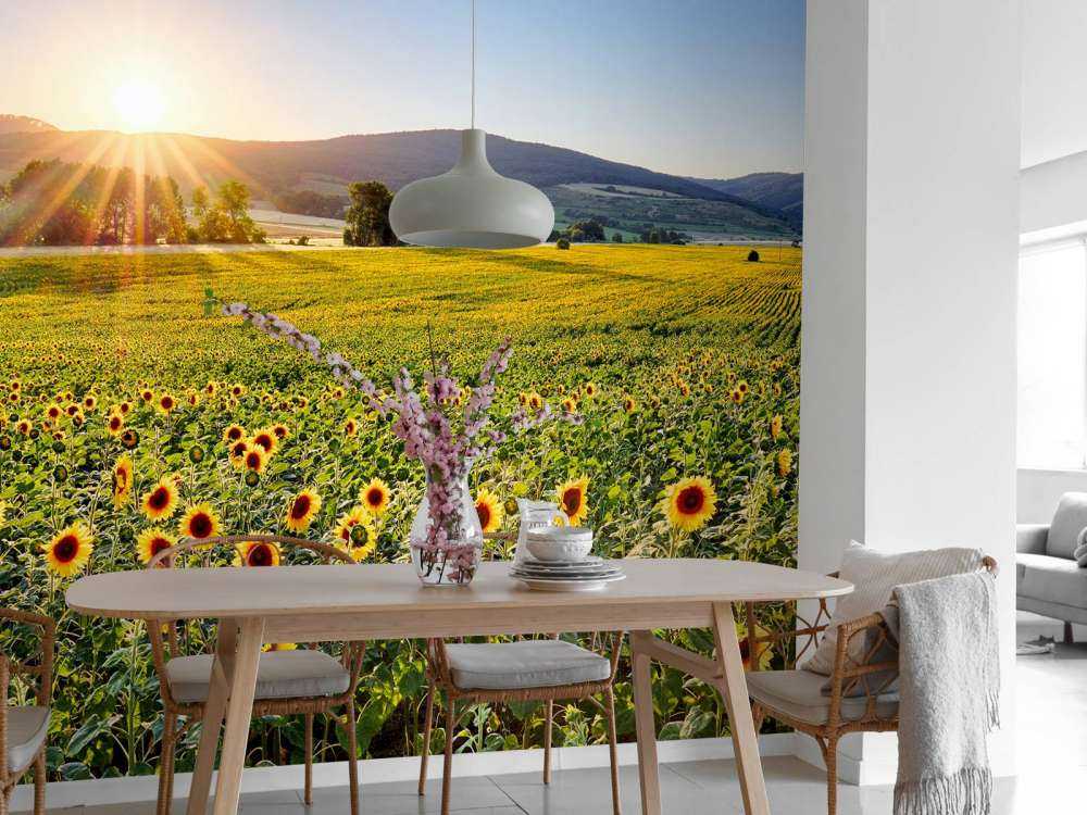 Berglandschap met zonnebloemen