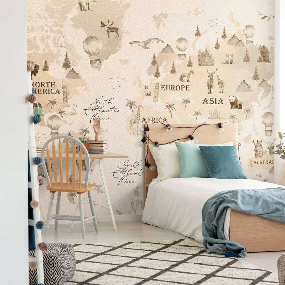 Wereldkaart met verschillende dieren beige