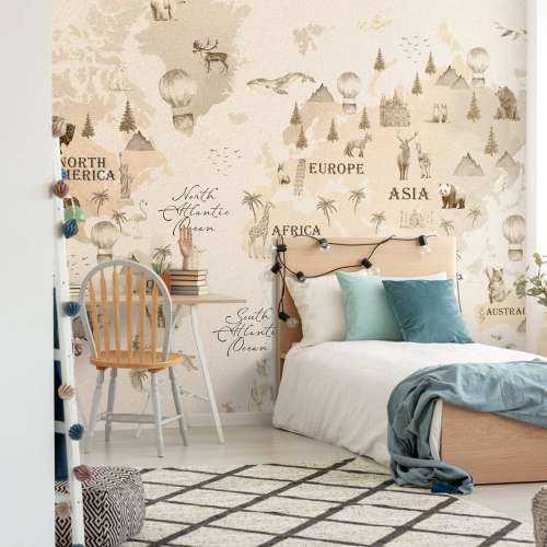 Wereldkaart met verschillende dieren beige