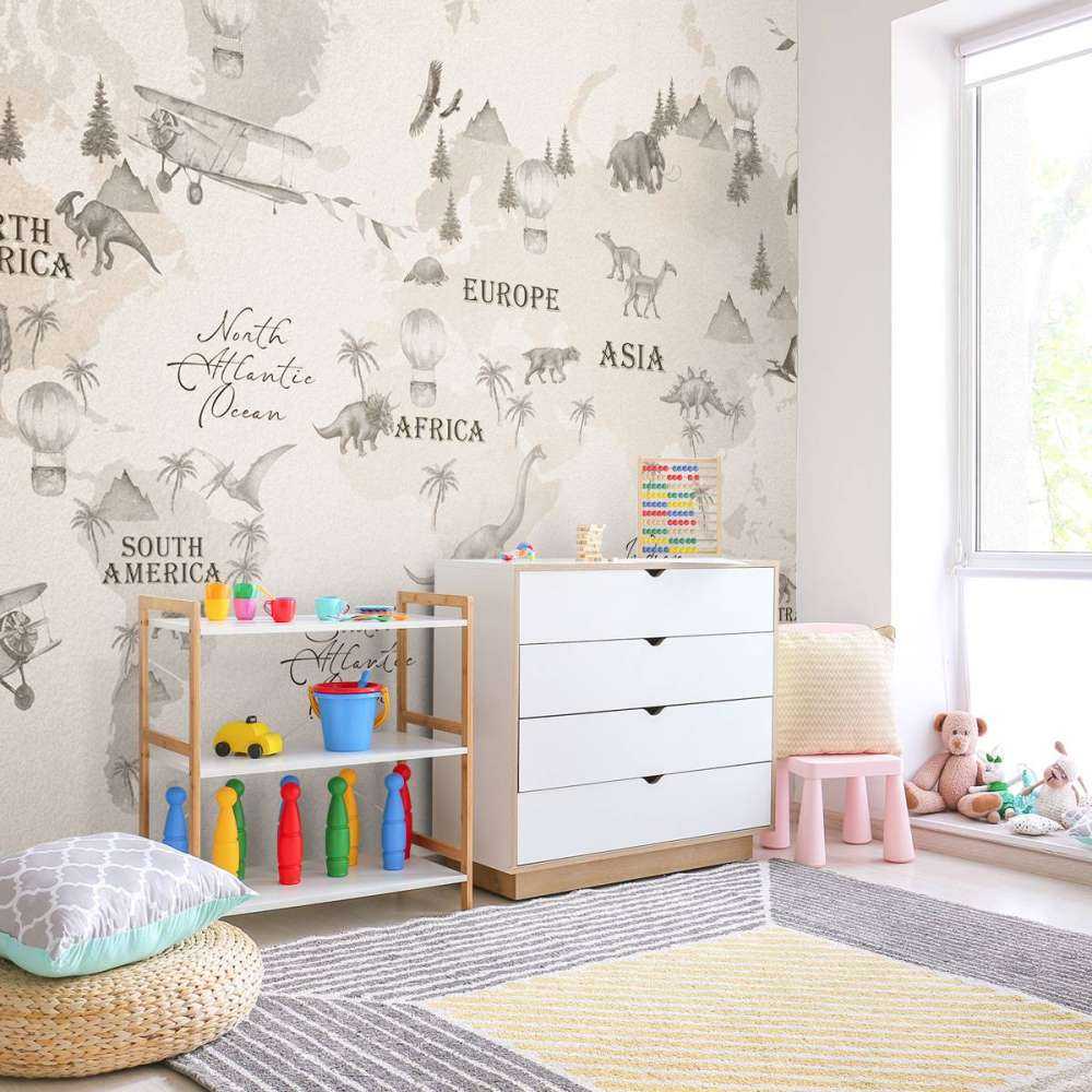 Wereldkaart met dino's off-white